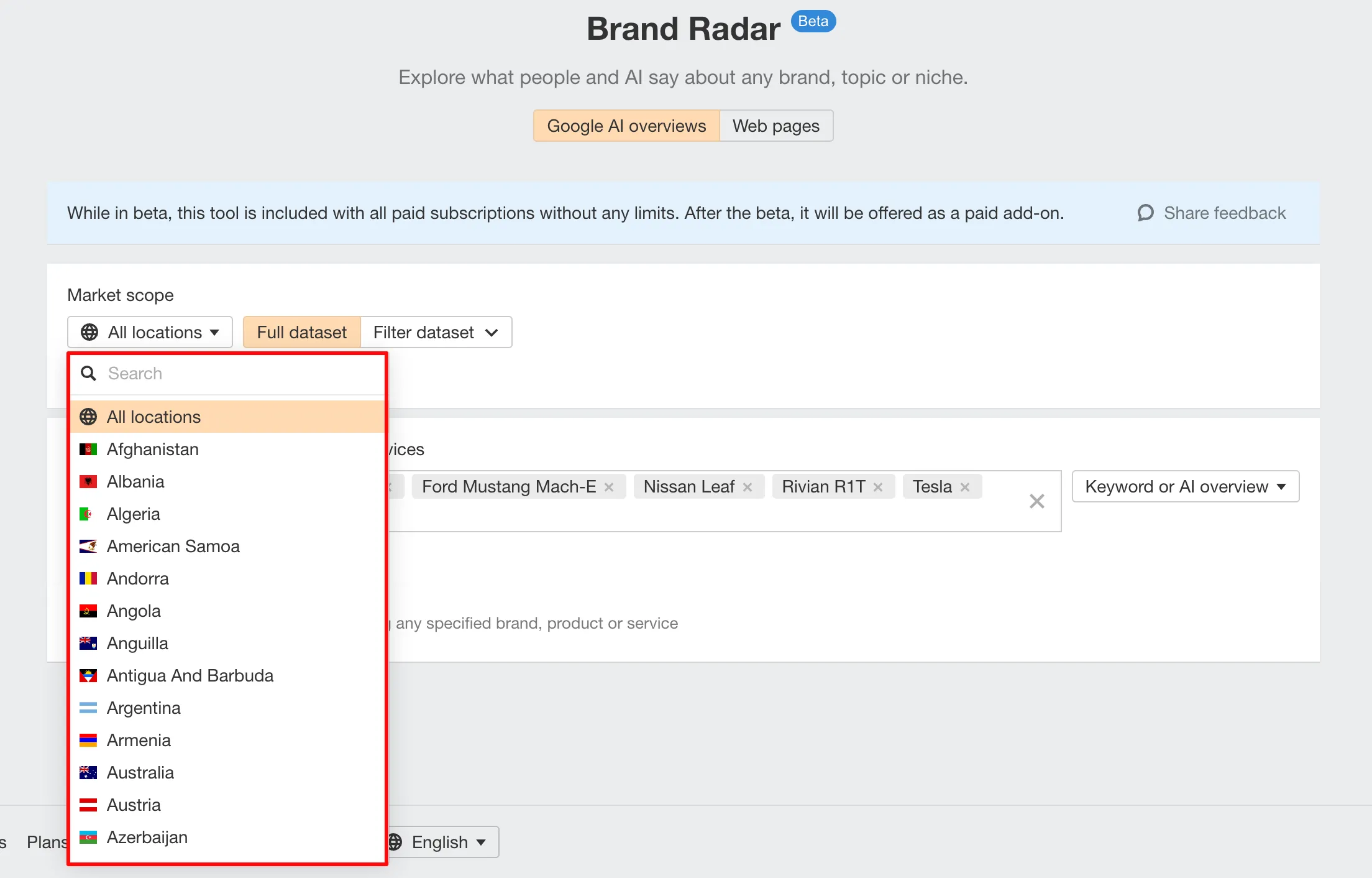 Ahrefs Brand Radar Location