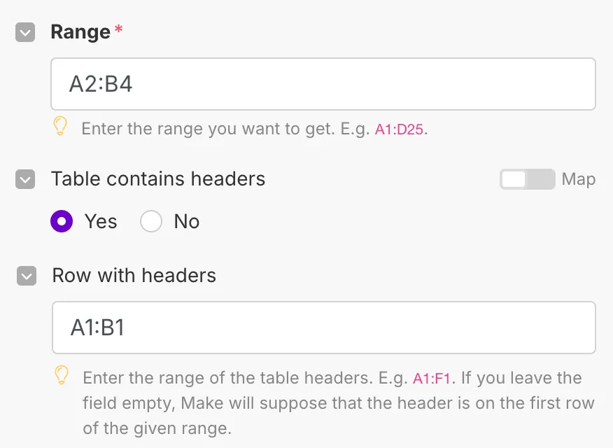 Make.com Match Table Headers