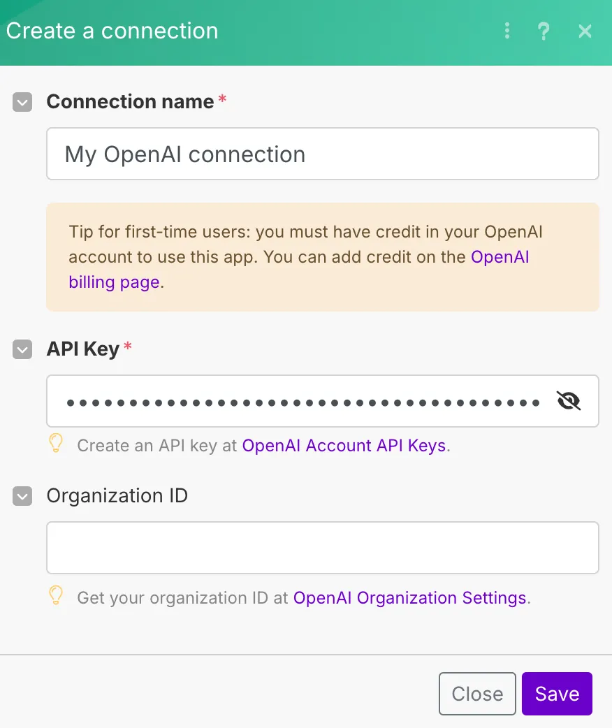 Make.com Paste OpenAI API Key