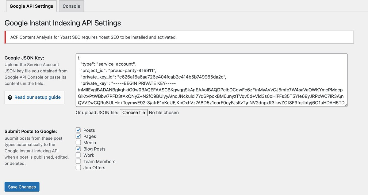 Instant Indexping save settings