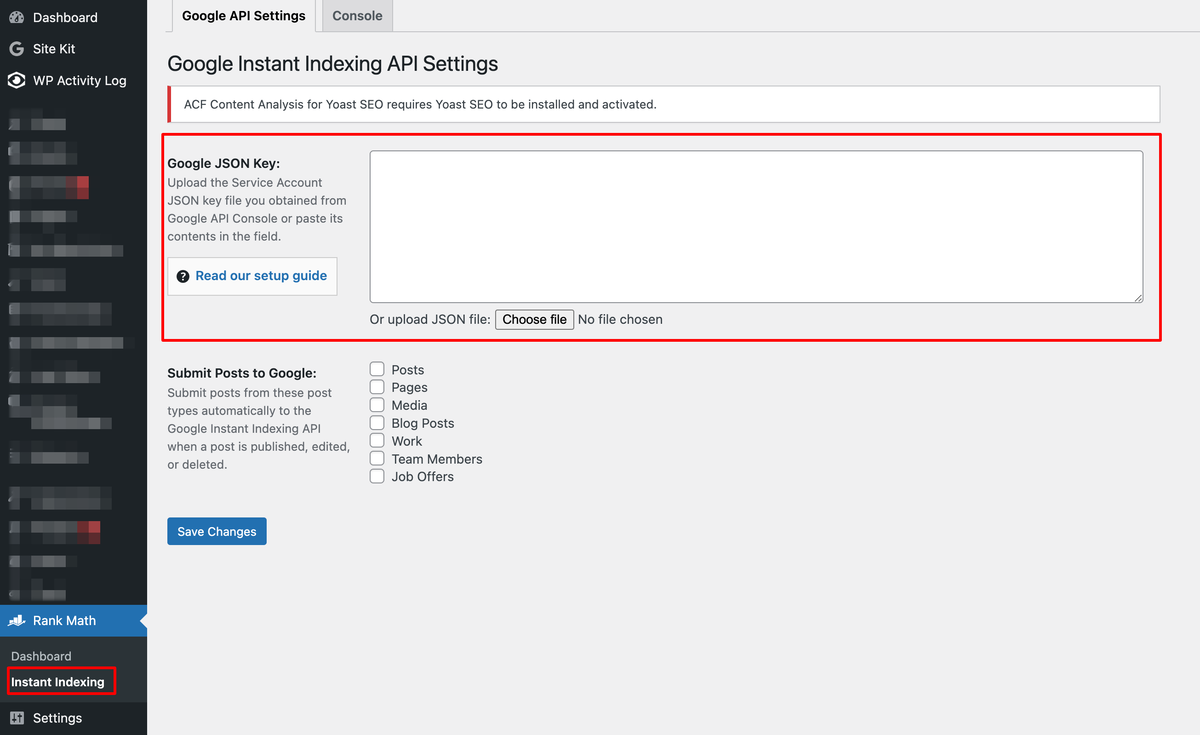 Instant Indexping Plugin settings