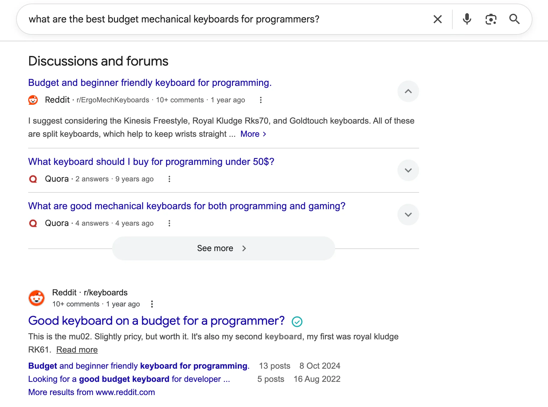 Google Discussions and forums section featuring Reddit threads and conversations