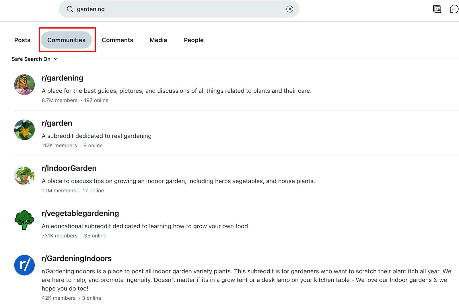 Reddit communities section