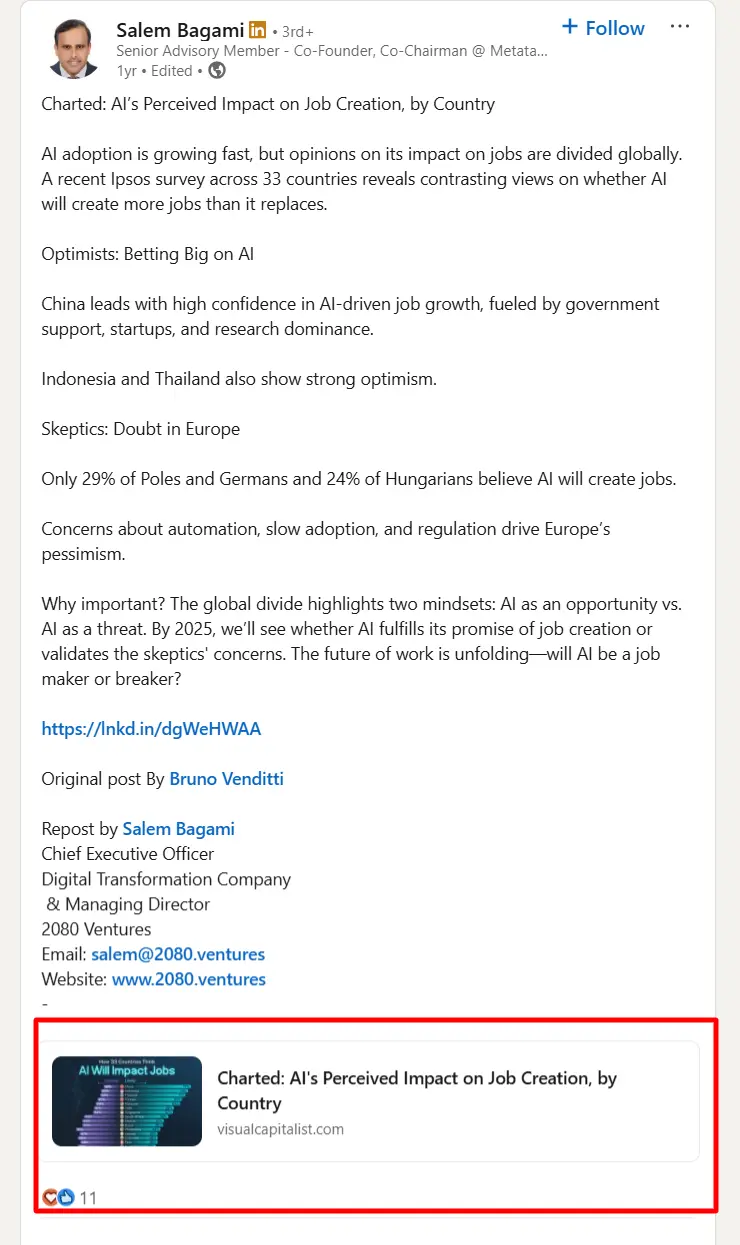 Linked In Post regarding AI impacting jobs