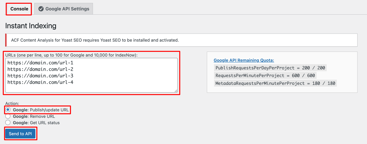 Instant Indexping save settings