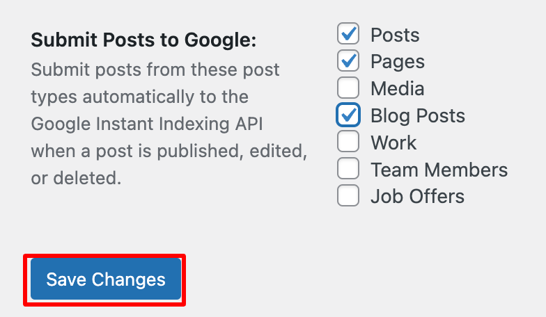 Instant Indexping save settings